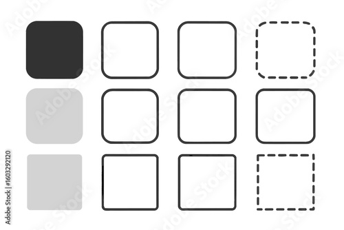 Set of square shapes with rounded corners. Collection of geometric frames and borders in flat, outline, and dashed styles. Vector icons for web design and UI elements.