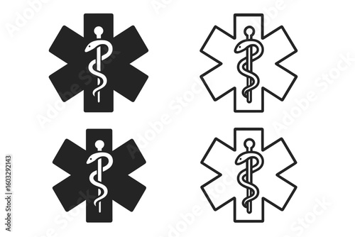 Star of Life medical symbol with Rod of Asclepius. Emergency medical services icon set. Paramedic, ambulance, and hospital sign. Health care vector illustration.