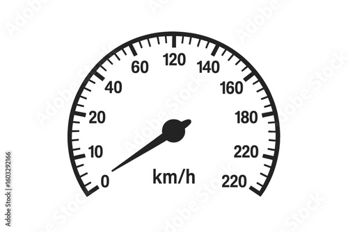 Modern Speedometer Gauge Vector, Car Dashboard Instrument, Black Analog Dial, Kilometers per Hour, Vehicle MPH Indicator, Transport Measurement Icon, Isolated on White Background