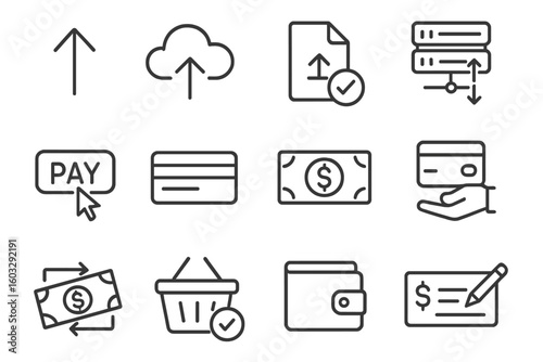 Upload & Payment line icon set. Data transfer, cloud server, e-commerce & finance icons. Money, pay, credit card, wallet, file transfer pictogram collection. Outline vector symbols.
