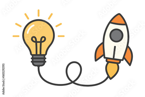 Startup launch concept with lightbulb idea connected to a rocket. Business innovation, creativity, and growth metaphor. From new idea to realization and success. Vector.