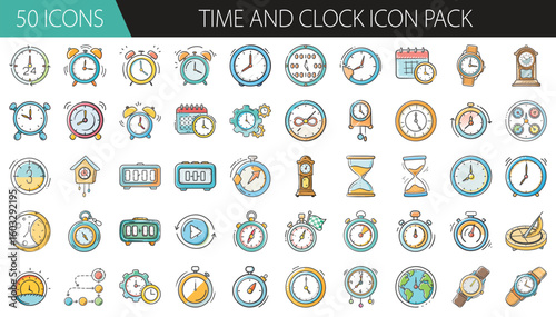 Time and Clock Icon Pack with 50 Cartoon-Style Designs - A detailed collection of 50 hand-drawn time and clock icons, including alarm clocks, stopwatches, calendars, timers, and hourglasses for schedu