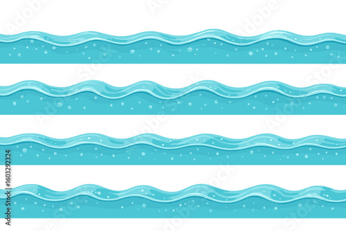 Seamless water layers vector pattern. Horizontal ocean or sea waves background. Underwater flow with bubbles illustration for game design or cartoon. Aqua liquid texture.