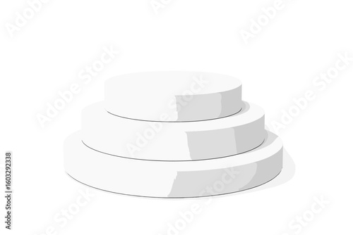3D white round podium. Vector pedestal stage for product display. Minimal cylinder platform for showcase or presentation. Blank mockup template with empty geometric stand.