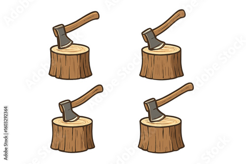 Woodcutter axe in log stump vector illustration set. Lumberjack tool for chopping wood and firewood. Forest and camping equipment icon collection on transparent background.