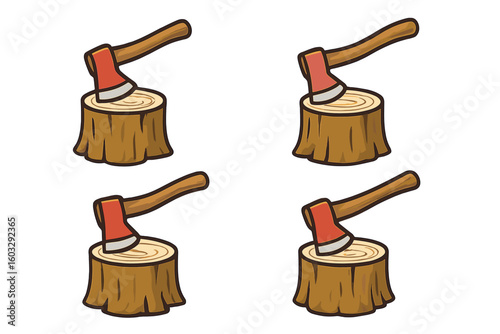 Woodcutter axe in a tree stump. Set of 4 vector illustrations. Lumberjack tool for chopping firewood. Cartoon icon collection for logging and forestry industry concept.