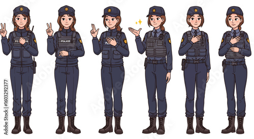 Cartoon illustrations of young women in modern police and military uniforms performing a peaceful gesture