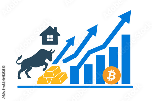 Bull market concept vector illustration. Investment growth in various assets like stocks, real estate, gold, and cryptocurrency. Financial success, profit, and uptrend chart.