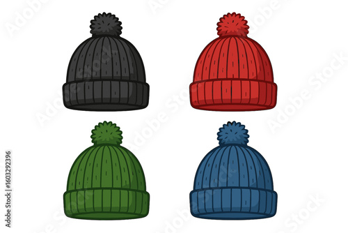 Set of colorful winter wool beanie hats with pom-poms. Vector illustration collection of knitted warm caps. Isolated cold weather headwear apparel accessory design.