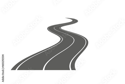 Winding road isolated on transparent background. Curved highway with markings receding in perspective. Path, journey, or business strategy concept. Empty asphalt roadway.