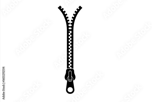 Vector silhouette of unzipped Y-shaped zipper fastener on dark gradient background symbolizing opening, reveal, secrecy, access, connection, closure, security illustration