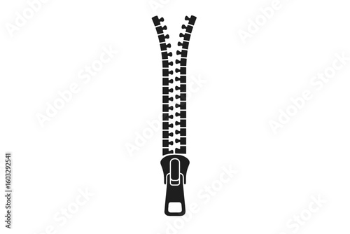 Zipper silhouette vector icon for fashion design. Black isolated graphic element. Open zip fastener for clothing and apparel. Unzip or close concept. Unlock reveal.