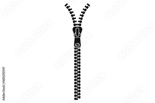 Zipper silhouette vector icon. Open and closed zip fastener graphic. Unzip and unzipped concept. Clothing accessory and fashion detail. Metal or plastic puller design element.