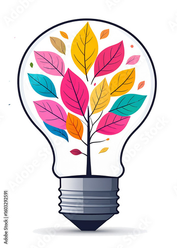 Flat illustration of a lightbulb with emerge colorful petals inside