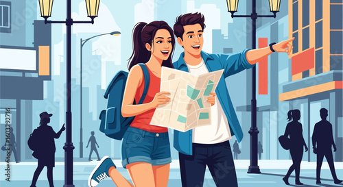 Adobe Illustrator artwork flat style illustration of a happy couple exploring a vibrant city street with a map during summer. Ideal for travel, vacation, and urban adventure themes