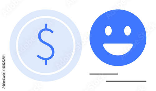 Dollar symbol within a coin next to a smiling blue face representing financial positivity and satisfaction. Ideal for finance, savings, banking, happiness, economy, business success, simple landing