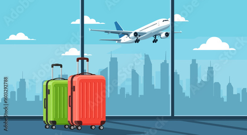 Adobe Illustrator artwork flat style illustration of two colorful suitcases at an airport with a plane taking off and a city skyline. Ideal for themes of summer travel and departures