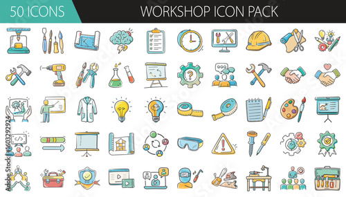Workshop Icon Pack with 50 Tools, Skills, and Training Elements - A creative set of 50 cartoon-style workshop icons, featuring tools, ideas, safety gear, and training symbols for education, DIY, and p