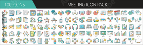 Meeting Icon Pack with 100 Business and Collaboration Elements - A professional set of 100 cartoon-style meeting icons, featuring calendars, teams, presentations, video calls, and collaboration tools 