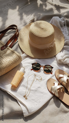 A delightful summer picnic still life featuring a brown hat, glasses, and a sunscream blank pack mockup.sun cream mockup file