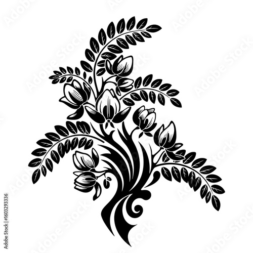An elegant black and white floral ornament featuring a stylized Acacia tree, suitable for engraving, tattoo, stencil, or decorative printing, isolated on a white background  