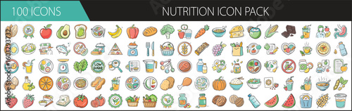 Nutrition Icon Pack with 100 Healthy Food and Diet Elements - A colorful collection of 100 cartoon-style nutrition icons, featuring fruits, vegetables, meals, supplements, drinks, and dietary symbols 