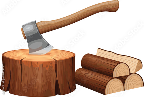 Rustic axe in tree stump, chopped firewood pile, woodcutting tools, survival gear, camping essentials, outdoor activity, lumberjack, forestry, timber