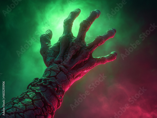 Eerie undead hand reaching out from a mysterious fog in a dark, atmospheric setting