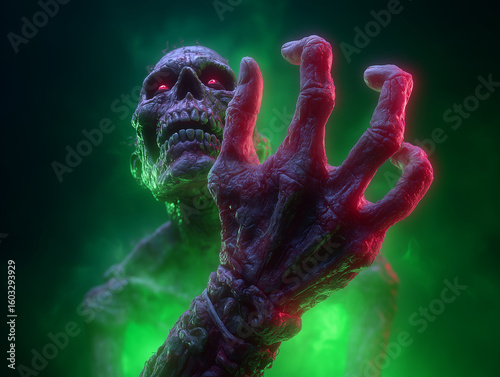 Dark and eerie skeleton emerges from mist with glowing red eyes and skeletal hand reaching out