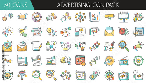 Advertising Icon Pack with 50 Marketing and Promotion Elements - A vibrant set of 50 cartoon-style advertising icons, including megaphones, emails, banners, analytics, and branding tools for marketing