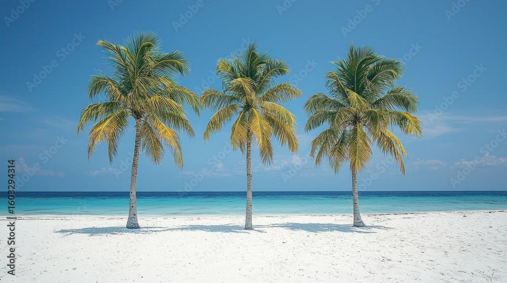 Fototapeta premium Three palms on white sand near turquoise waters
