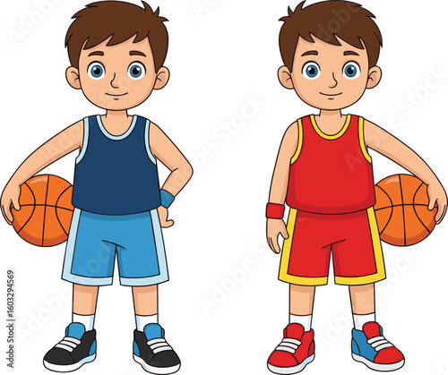 Two cartoon boys holding basketballs, red and blue uniforms, sports theme, active children, happy players, fun activity, athletic teamwork