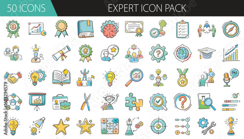 Expert Icon Pack with 50 Skill, Knowledge, and Achievement Symbols - A colorful set of 50 cartoon-style expert icons, including awards, certificates, ideas, skills, and education tools for professiona
