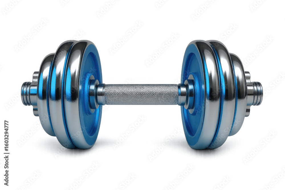 Naklejka premium Chrome dumbbell with blue weights isolated on transparent background, perfect for fitness and workout visuals
