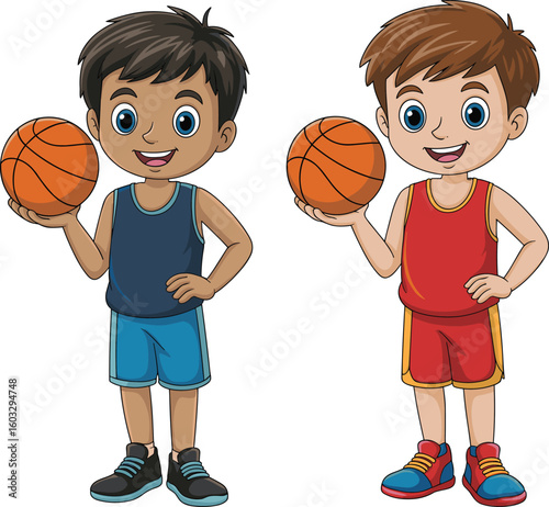 Two cartoon boys holding basketballs, smiling faces, athletic uniforms, active children, playful mood, energetic sports illustration, teamwork, fun, competition, youth activity