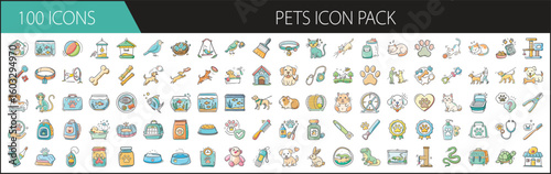 Pets Icon Pack with 100 Cartoon-Style Animal and Care Items - A playful collection of 100 pet-themed icons in colorful cartoon style, including animals, toys, food, grooming, and vet care essentials.