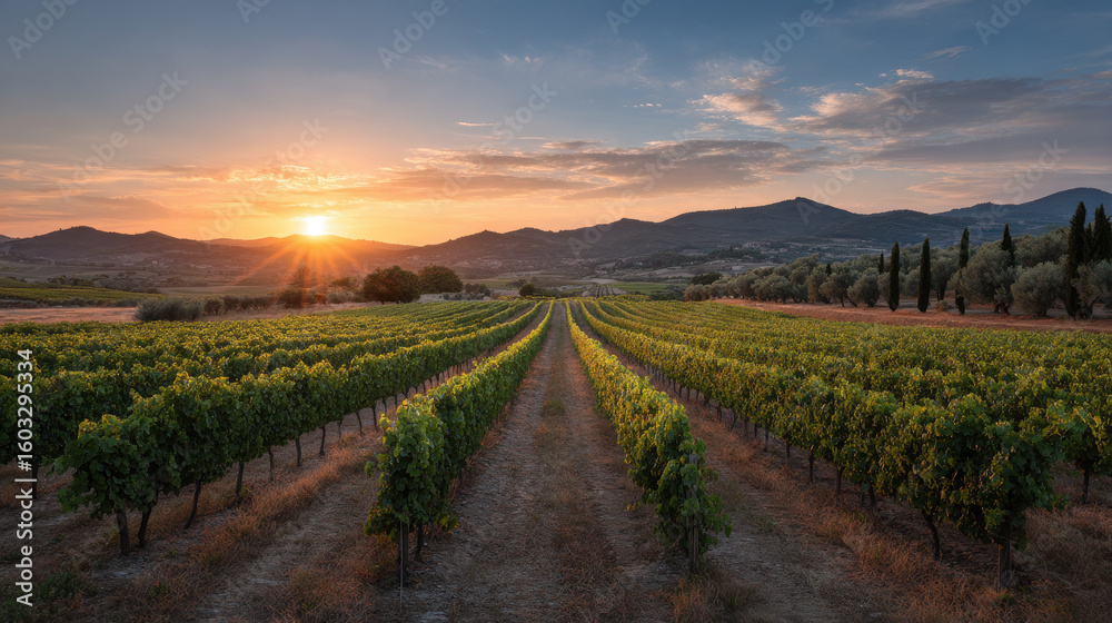 Naklejka premium stunning sunset over lush vineyards in italy with rolling hills and vibrant colors illuminating sky