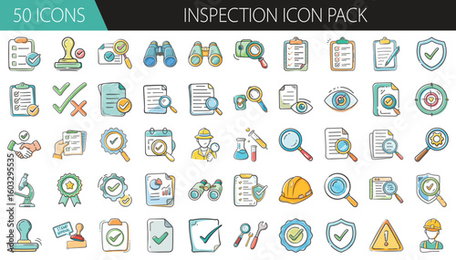 Inspection Icon Pack with 50 Quality Control Elements - A detailed set of 50 cartoon-style inspection icons, featuring magnifying glasses, checklists, reports, and analysis tools for auditing and qua 
