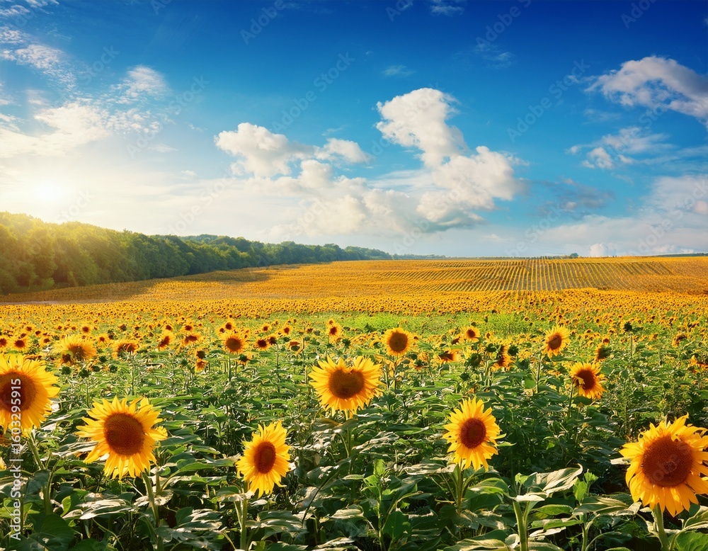 Obraz premium agricultural summer landscape with sunflowers field and sky