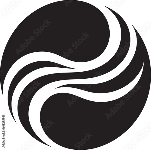 Minimal black wave icon representing flowing energy in abstract style