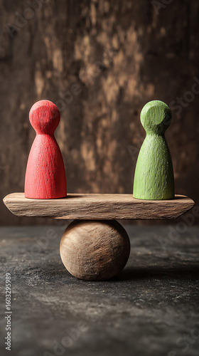 Red and green figures balanced on a wooden seesaw image