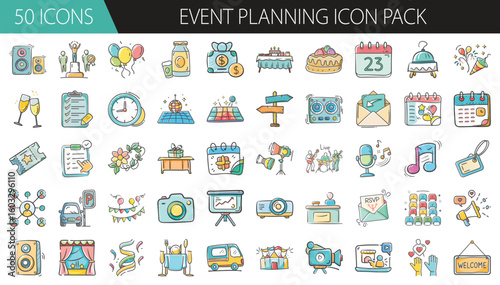 Event Planning Icon Pack with 50 Festive Elements - A playful set of 50 cartoon-style event planning icons, featuring decorations, schedules, food, music, and party essentials for creative projects.