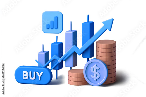 Financial Growth and Investment Illustration with Candlestick Chart, Buy Button, Coins, Dollar Symbol, and Upward Arrow – Transparent PNG for Market Strategy