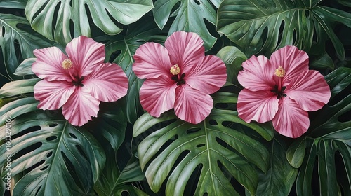 Three pink flowers on big green leaves