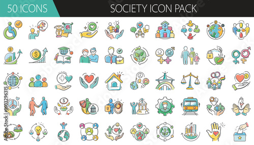 Society and Community Icon Pack with 50 Elements - A thoughtful collection of 50 cartoon-style society icons, representing diversity, unity, equality, environment, and social responsibility concepts.