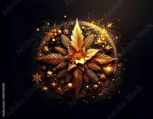 Golden Christmas table decoration on dark background with many decorative branches, decorations, stars and four candles.