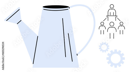 Large watering can symbolizing nurturing with a network diagram of people and rotating gear icons. Ideal for teamwork, growth, leadership, strategy, productivity, innovation, simple flat metaphor