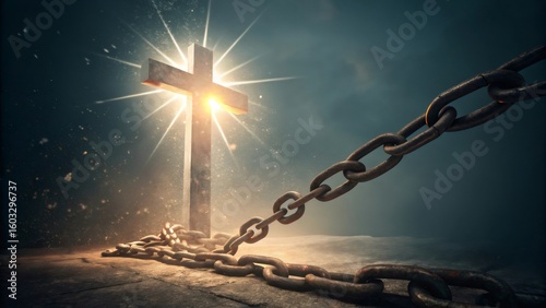 Glowing cross breaking heavy metal chains, representing spiritual liberation and transformative power of religious belief