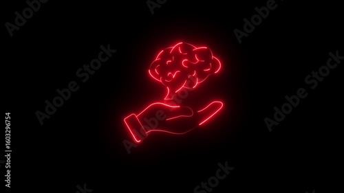 Glowing Neon Brain Icon Isolated on Black Background. human hands brain laser animation. brain resting on hand creative idea visualization concept Innovative technologies abstract brain icon.
