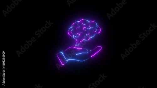 Glowing Neon Brain Icon Isolated on Black Background. human hands brain laser animation. brain resting on hand creative idea visualization concept Innovative technologies abstract brain icon.